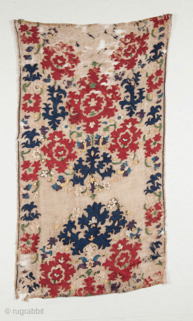 Tanchifa fragment from Algeria, 18th century, 69 x 39 cm; beautiful saturated colours including green, royal blue, light blue, yellow and purple: silk on linen (?); fragile; email: peparethos@xsmail.com    