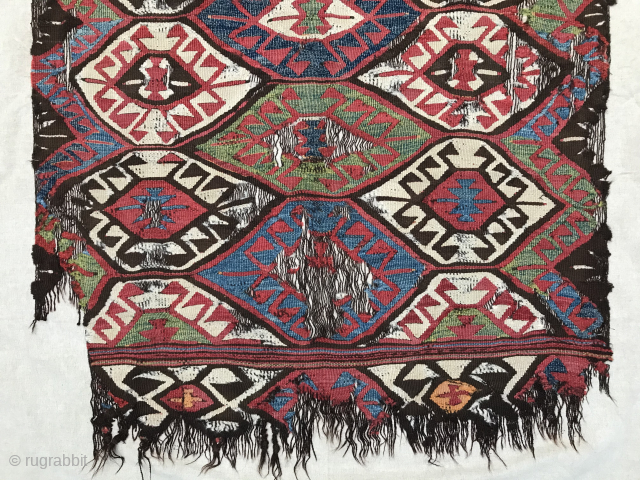 Mut kilim with good age and great colours, undyed brown wool warps, professionally mounted on linen, 275 x 145 cm including mounting. (T217) Email: peparethos@xsmail.com        