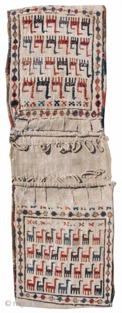 Shahsevan Chanteh Set. wool on a cotton white ground. Of particular merit is the difference in the scale of drawing between the two bagfaces. 
Collection of Mr. and Mrs. Bruce Baganz.
size= 0'10"  ...