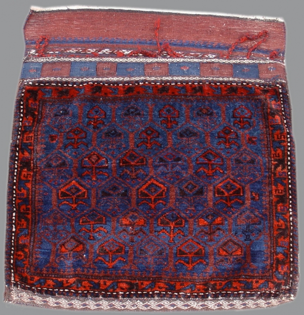 Baluch Saddlebag
Northeast Persia, 19th C (4th Q)

Baluch weavings are known and loved for their polychromatic blues. Indeed, the colors of this piece are very nicely balanced using a minimum of white. This  ...