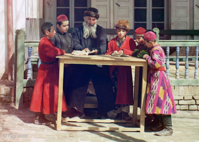 A group of Jewish children with a teacher in Samarkand ca. 1910 from "Russia in Color, A Century Ago" http://www.boston.com/bigpicture/2010/08/russia_in_color_a_century_ago.html             