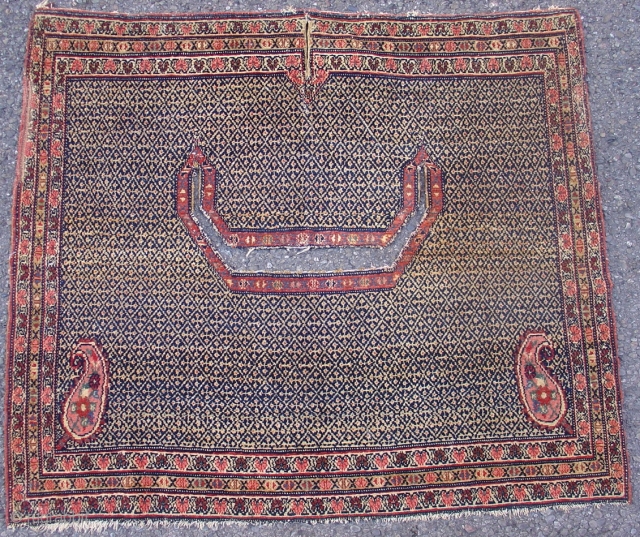 West Persian Saddle Rug. Late 19th cen. Not a typical Malayer, Faraghan, or  Senneh weave. Size = 2'10" x 3'5". Inv. # 14816.         