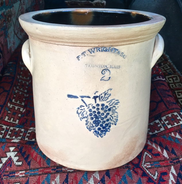 1866-1870, 2 Gallon, Cobalt decorated, salt glazed Crock by F.T. Wright and Son of Taunton, MA. No chips, cracks, or other excuses.           