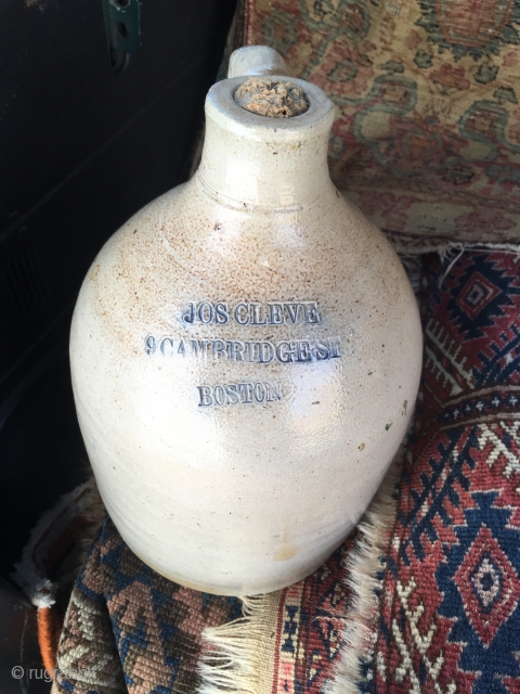 1890's salt glazed stoneware 1 Gallon  Advertising Jug Cobalt Stamped 'Jos Cleve, 9 cambridge St, Boston' As Made w no chips or cracks         