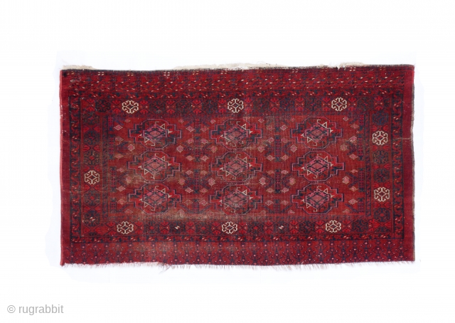Not a big deal, worn and moth damaged. Rescued this week from oblivion and neglect. Ersari chuval (large tent bag) 3rd quarter 19th c.
size 140x100 circa       