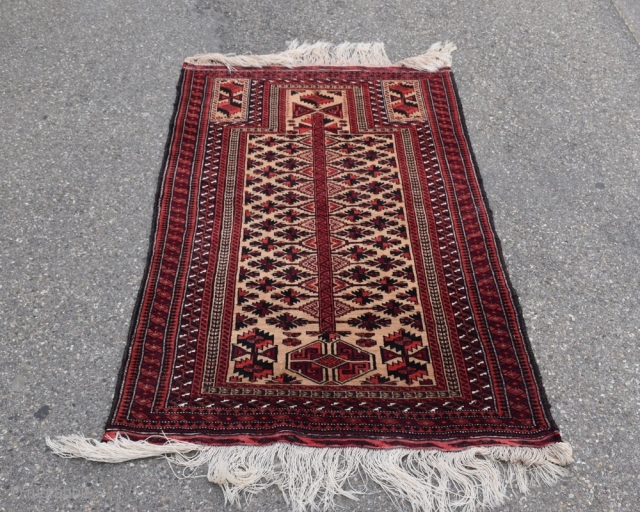 Early to mid-20th century Baluch soft camel ground prayer rug with goat’s hair selvage finish. 
The Tree of Life design of this prayer rug is characteristic for the Sarakhs Baluch of the  ...