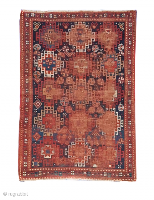 A beautiful though distressed Moghan Kazak. Large Memlig gul. A very attractive drawing 
Late 19th century                 