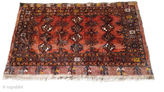 An intriguing Ersari Ali-Eli large chuval. Not too old but extraordinary colours and a very unusual flat-woven section. Size: 155x100cm 
Reasonably priced.           