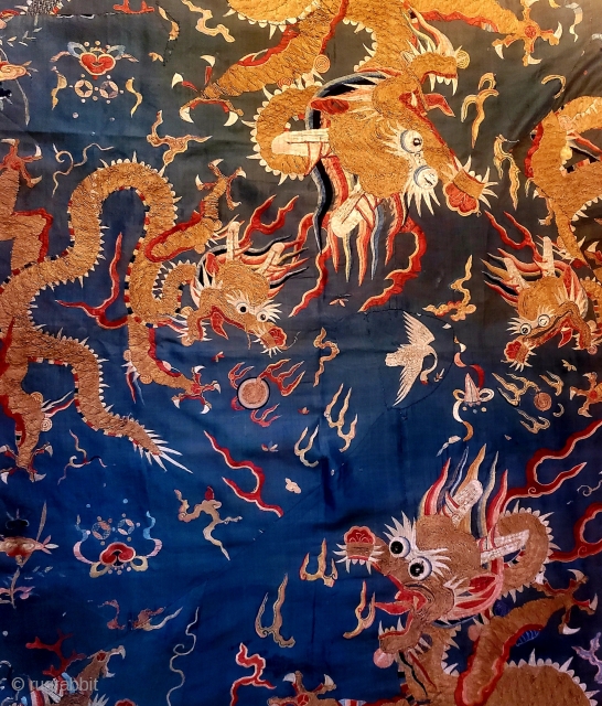 Yoke fragment of a finely embroidered Chinese Ming dynasty Nobleman's dragon robe. Wanli period 1572-1620 AD.
Preserved as a Tibetan monastic canopy.
Price on request          