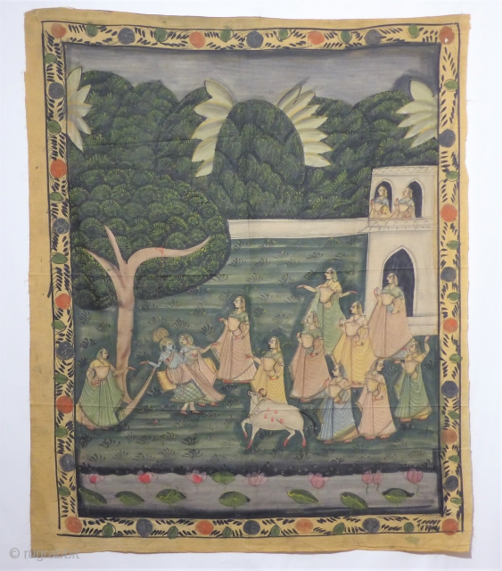 Antique handpainted and not stamped India textile with figures.
minor damage on upper right corner.
size: 110 x 90 cm               