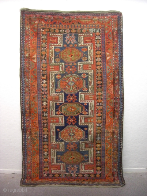 An antique Karabagh with the size 262 X 144 cm. Dated 1902 (?). No big repairs, no cut, no tinting. Good shape with spot worn places. Both Kilims good.    