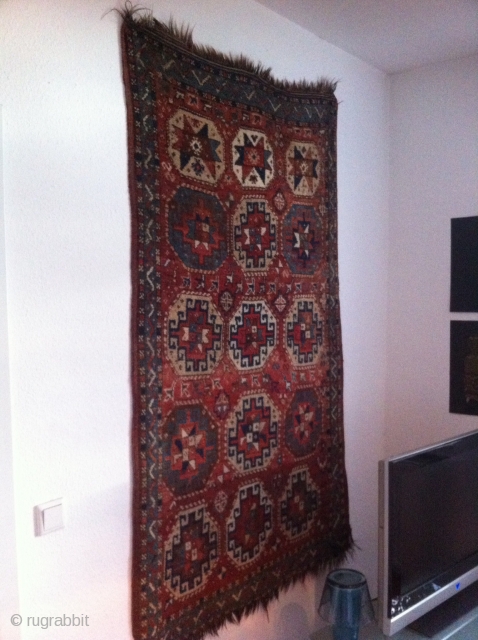 An old Turkish village rug with 190/110 cm. Good shape with kilim on one side and open on other side. No repairs and no holes or demages. Very soft.    