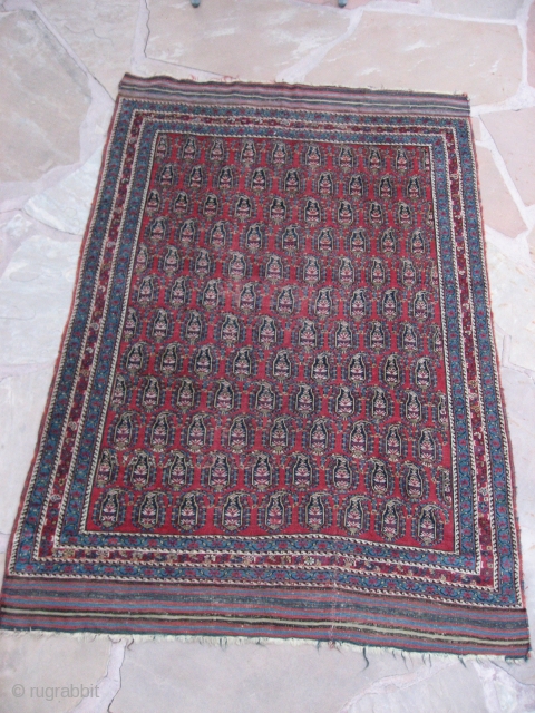 Afshar Rug.  4'11" (pile only) x 4'. Good colors, very finely woven with floppy handle and great kilim ends. Generally good condition with a few wear areas to the foundation and  ...