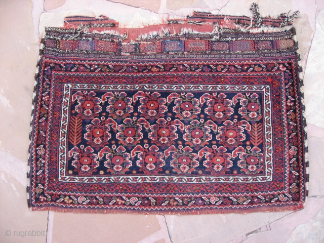 Two Afshar bags. A complete chuval, 2'11"x1'7". Good wool and natural colors, Generally good condition, low at bottom center with small replied area (see photo).
A khorjin  face. 1'10"x1'6". Good wool and  ...