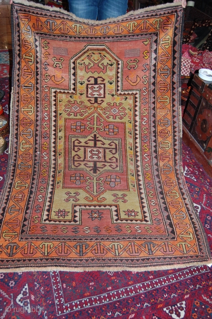 Old kars Kazak region carpet, velvet on wool, beautiful kazak, very good condition apart that there was a signature which was taken away, as it was used as a prayer rug, size  ...