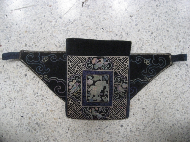 Mongolian official horseriders waist pouch.Silk and cotton embroidery on cotton, and cotton velvet, with indigo cotton linings.Est. late 19th century.             