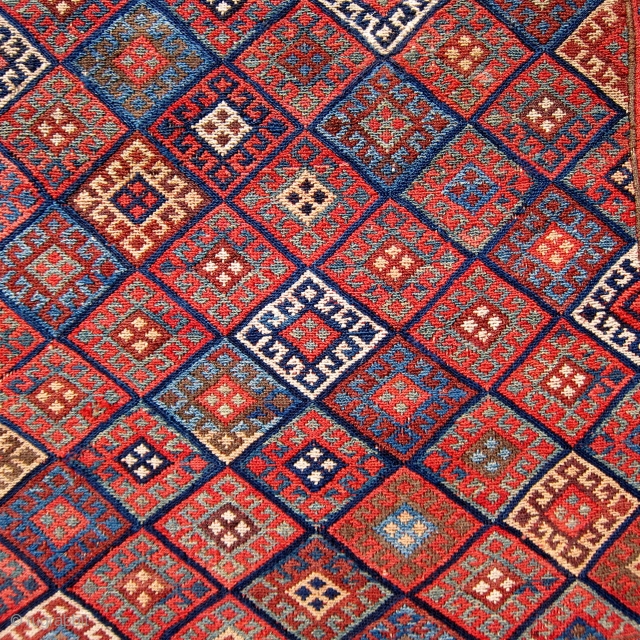 19th C. Fine Kurd sumak bag face, 1'10" x 1'10".  A wonderful example: beautiful dyes, excellent composition, and high technical excellence.           