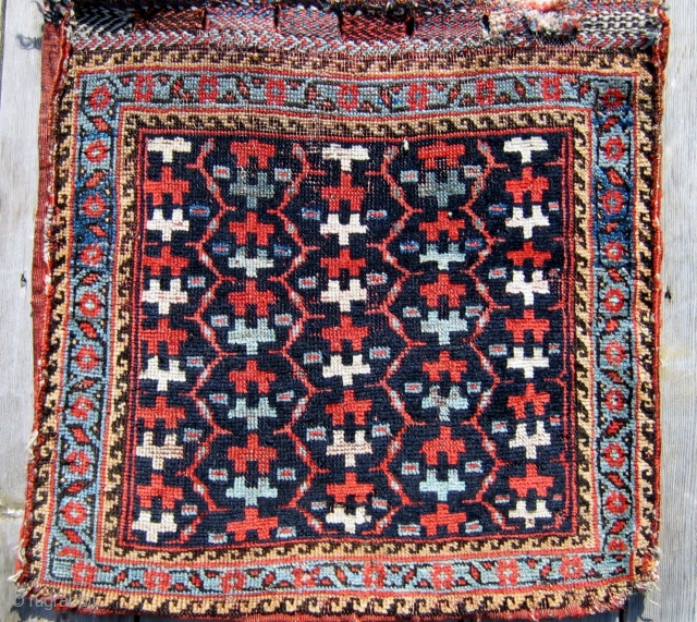 S.W. Persian Luri Saddle bag (1/2 khordjin) late 19th c.  21" x 22".
An unusual design in this artful Luri bag. Are these stylized flowers or reciprocal human forms filling the deep  ...