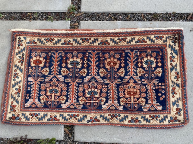 Afshar tent bag, 34" x 19", early 20th C., excellent condition.  All natural dyes, soft and lustrous wool. Unusual size. Warm colors not evident in the photos.  Sold   