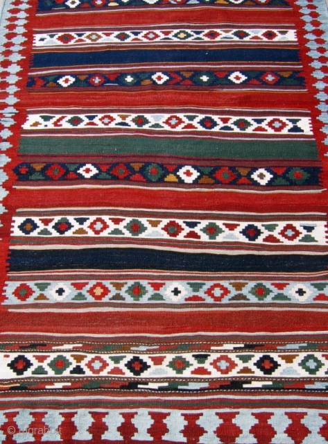 Antique Shahsavan kilim 4'9" x 9'4"  Excellent condition (small bites in 3 corners). Light blue and ivory are worked in cotton. Additional photos available.        