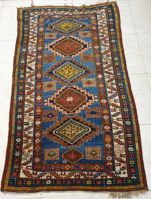 Magnificent caucasus rug designated with 6 amazing central medallions,patterns are crisply drawn,dramatic use of color is fascinating
Wool foundation ,circa 1910-20 
Dimensions 235 * 136 
Dm for price      