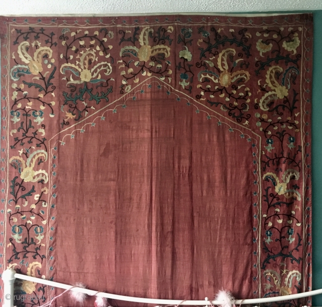 Prayer Suzani C19th  Silk  236 cm  by  149 cm   Tapestry style lining 
Pay PayPal   postage included   for UK only  
  