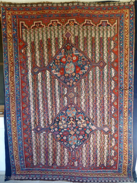 Ref 1637 Antique Khamseh rug, circa 1880. 6'11 x 4'11 - 210 x 150.  Low but not worn with few small restorations. Sides replaced. Absolutely brilliant fresh colours    