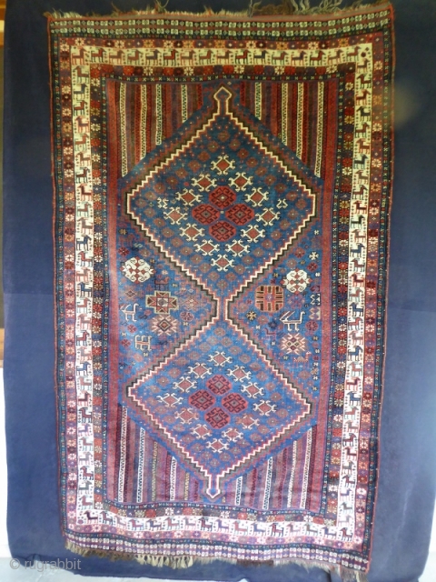 1646 Antique Khamseh rug circa 1890. 6'3 x 3'11 - 191 x 118.  All natural colours including unusual mid blue field. Asymmetrically knotted all over low pile but no restoration and  ...