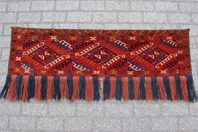 Fine Antique Ersari Turkoman trapping 151 x 42 cm (5ft x 1ft 5") 2nd half 19th century. All natural dyestuffs, colours: red, dark blue, greenish blue, yellow, orange, ivory, brown. Condition: close  ...