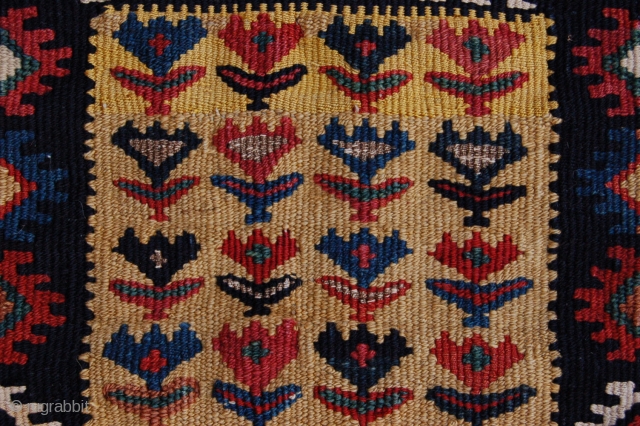 Exceptional size exquisite wool silk and metal thread Antique Caucasian Kurdish kilim long bagface 90 x 33 cm (3ft x 1ft 1") last quarter 19th century. All natural dyes, colours: dark blue,  ...