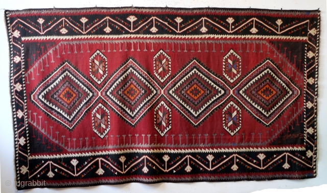 Large Kilim, dated 1919 with Armenian letters,  North Azerbeidzjan, Kuba area. 
A restauration behind the letters. 
Size 203 x 353 Cm's. 
          