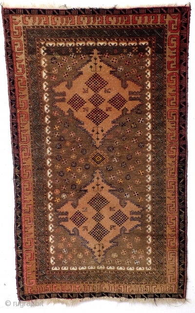 الل . الل Belouch, Beshir? Mainly natural camel wool colors. 
Remarkable border with repeating caracters with the Arab word for God >>الل. 
size 164 x 98 Cm.  5.4 feet x 3.2  ...