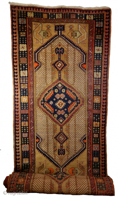 Sarab, North Iran. Close to Karabach, Caucasian area. 
Kurds made these runners. 
Camel wool, undyed, 100% natural. 
Great natural colors like pistache. 
All borders are good and original. Headings too. 
1930's. 
size  ...