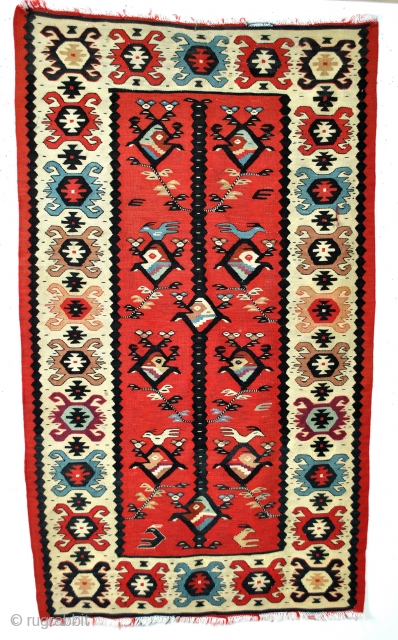 Bulgarian kilim, Sarkoy called in general but not Turkish, 140 x 82 Cm. 
late 19th century. 

Tree of live with images of the human mind ( the fish-like heads) On top of  ...