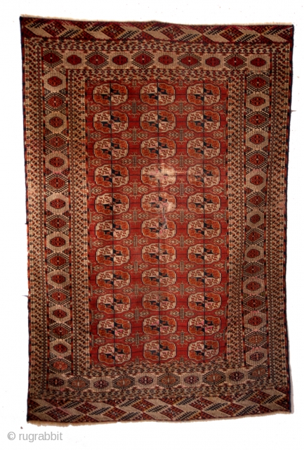 Ersari Tekke, late 19th century. 
See the white ground in de borders. 
Wear and a tear. 
122 x 190 Cms. 
            