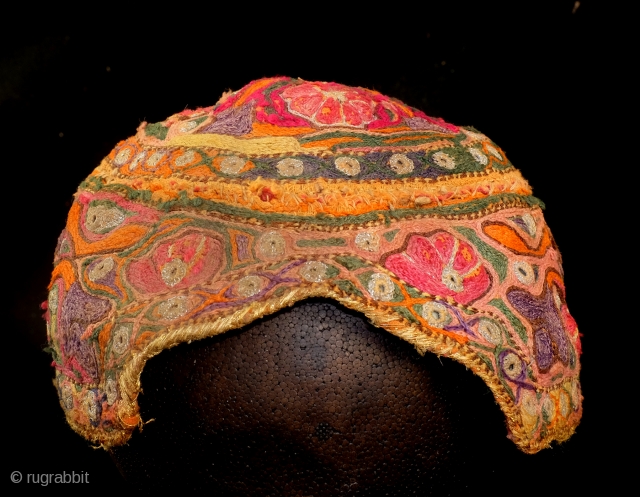 Cap, Turkmen, antique, fine embroidery, high 11 Cm. wide 18 Cm.                      