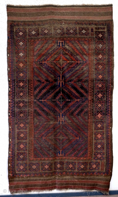 Belouch, antique, 1880. 
270 x 150 Cm. 
Beautiful corrodation in the dark wool. 
All natural colors. 
unusual big.               