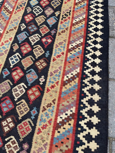 Antique Qashqai Kilim Runner, 330 x 98 cm. In general very good condition. One area with some repairs, see last two close-up pics front and back side + a stain in the  ...