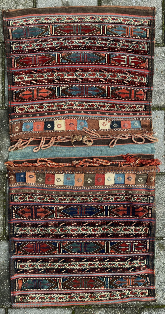 Antique Veramin Double Bag, 141 x 68 cm., ca. 1900. With full pile all over and in almost perfect condition ( small damage at a kilim strap ). All natural dyes and  ...