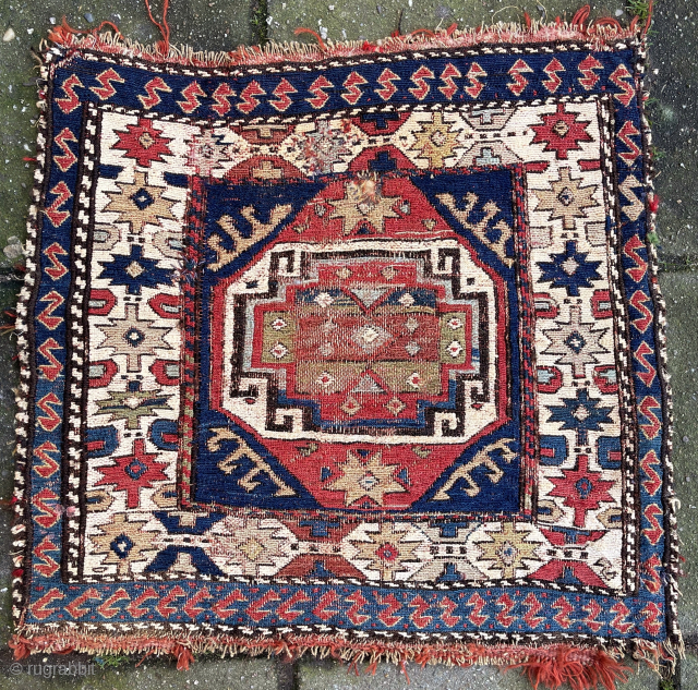 Antique Shahsavan sumakh bag front, 19th c.,  50 x 51 cm. with damages. Natural dyes and an early faded fuchsine.            