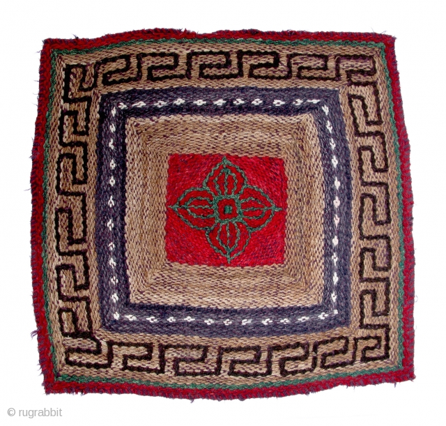 Tibetan Flat Weave with Embroidery(TC10)
  27 1/2”  x  28” 

Unusual nambu flat-weave with embroidered design.
Drokpa (nomad) weaving with double-dorje central motif.
Loose weaving with some wear but solid with strong  ...