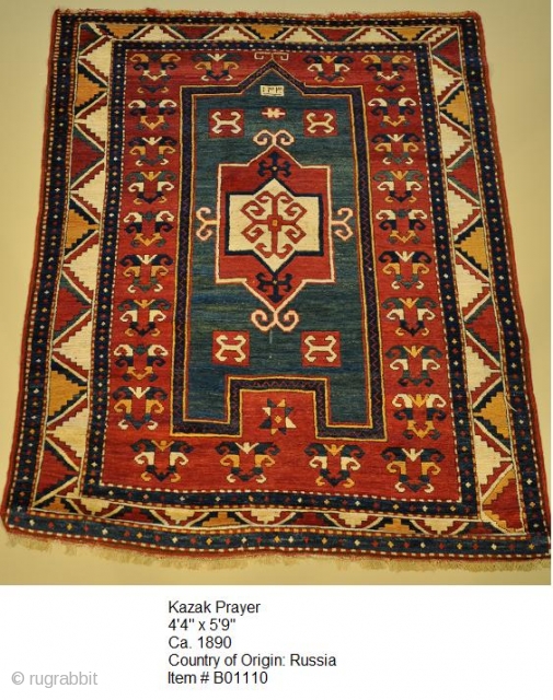 Kazak Prayer
4.04 x 5.09
Ca. 1890
Country of Origin: Russia
Item # B01110                       