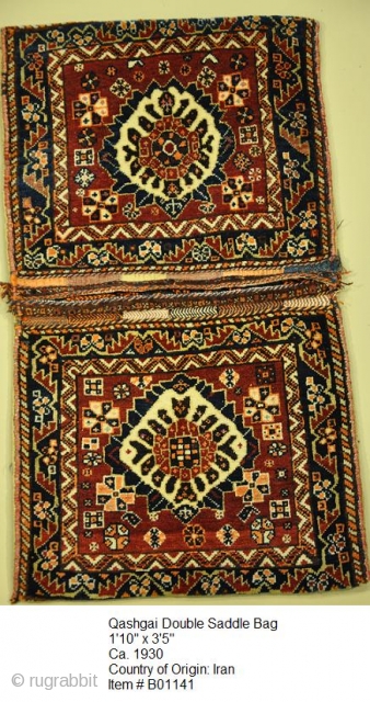 Qashgai Double Saddle Bag
1.10 x 3.05
Ca. 1930
Country of Origin: Iran
Item # B01141                     