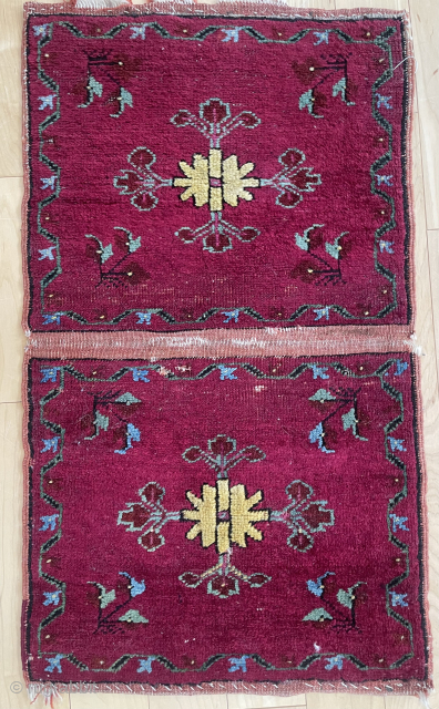 1’5” X 2’5” Pair of connected Kirshehir bag fronts. All natural dye, recently cleaned, $400.00 including postage anywhere in the US. (#13854)
Please email office@mannrugs.com         