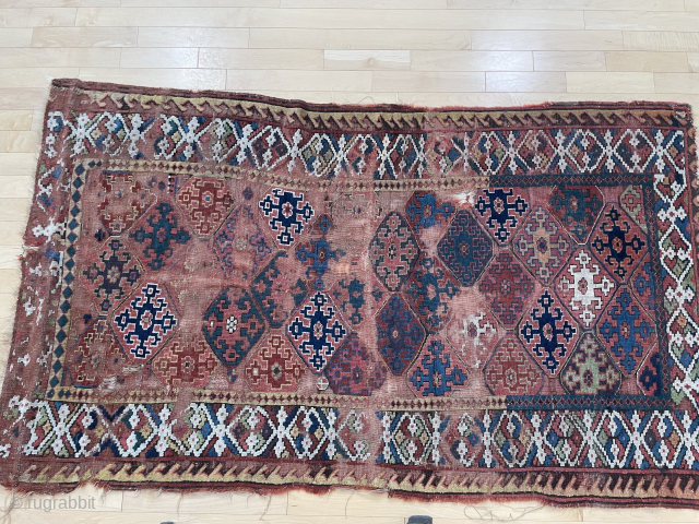 4’3” X 7’5” Kurdish? Shah Savan? Likely NW. Iran. No off-set knotting, amazing color, total wreck – once a great rug – but now only fit for the wall or as a  ...