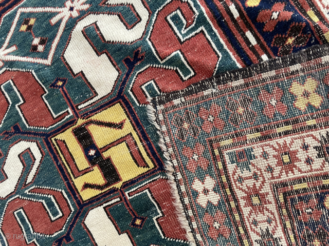 4’10” x 6’10” Karabagh, ‘cloud band’ medallions, corner damage, $450.00 (#13806) Please email office@mannrugs.com SOLD                  