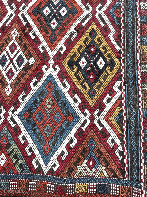 4’6” X 6’5” Cicim, Eastern Anatolia, good natural dye coloration, white is cotton. $550 (#13407) Please email office@mannrugs.com
               