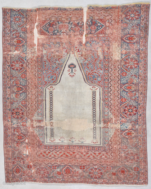 This very antique 17th-18th century Ghiordes (Ghordez) rug measures 3’7” X 4’6”. The image says it all! In my opinion the rug is around 350 years old. The top navy border is  ...