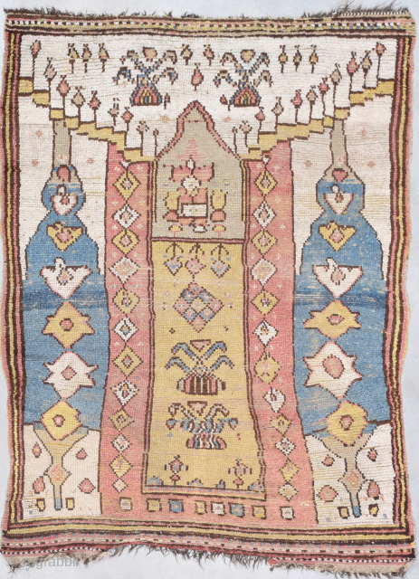 This antique Manastir rug measures 4’1” X 5’4”. This is one of the most archaic architecturally beautiful rugs that I have ever seen in my life. No one made this from a  ...