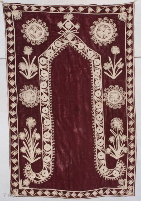 This possibly 18th century Ottoman prayer tapestry #7518 measures 3’7” X 5’5” (112 x 167 cm). The deep maroon velvet with a prayer motif is stitched in metal, possibly silver or washed  ...